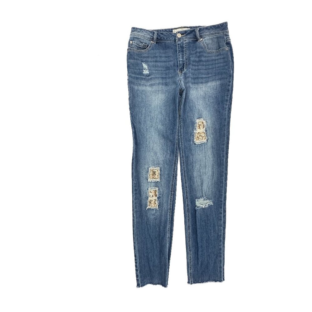 Cato High Rise Distressed Raw Hem Sequence Women's size 8 Medium Blue Jeans